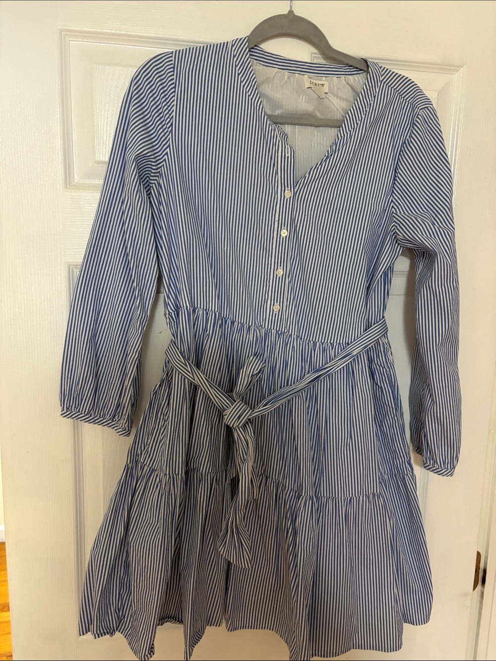 J. Crew Blue & White Vertical Stripe Tie-Waist Dress